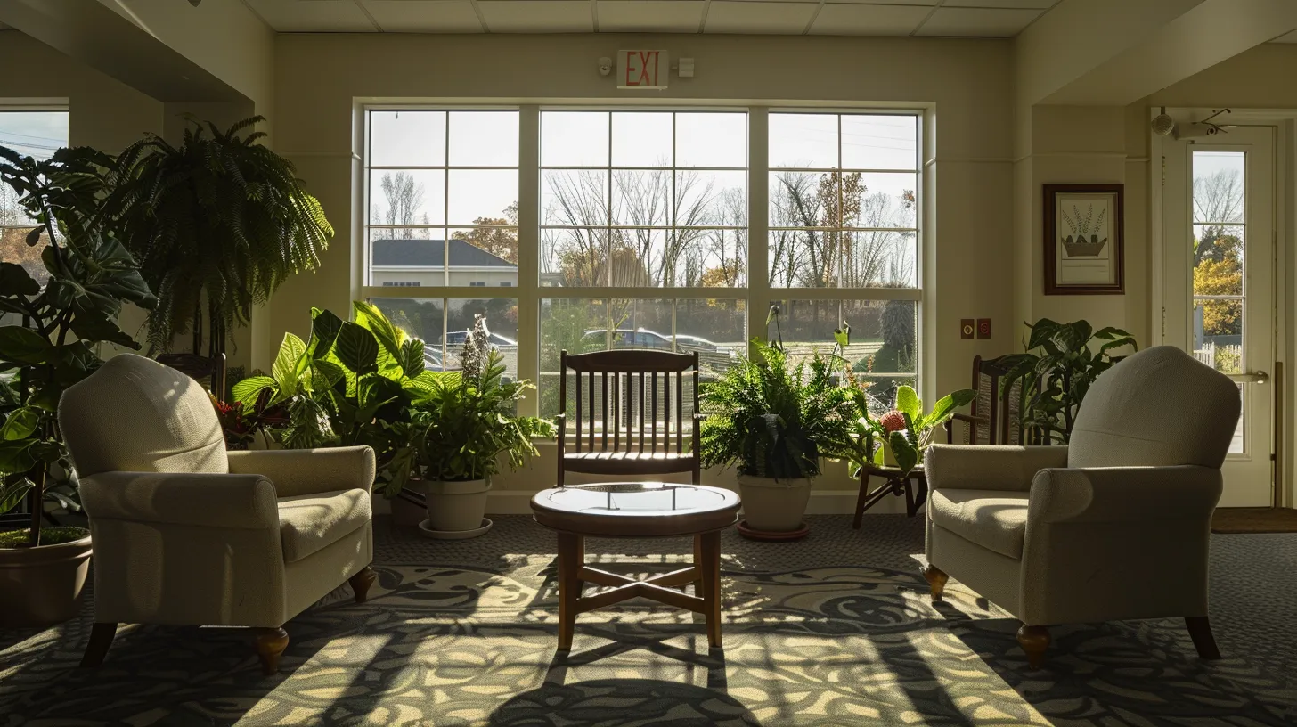 a serene assisted living environment in ypsilanti, featuring sunlit common areas adorned with vibrant plants and thoughtful seating arrangements, capturing the essence of warmth and community for residents transitioning into their new home.