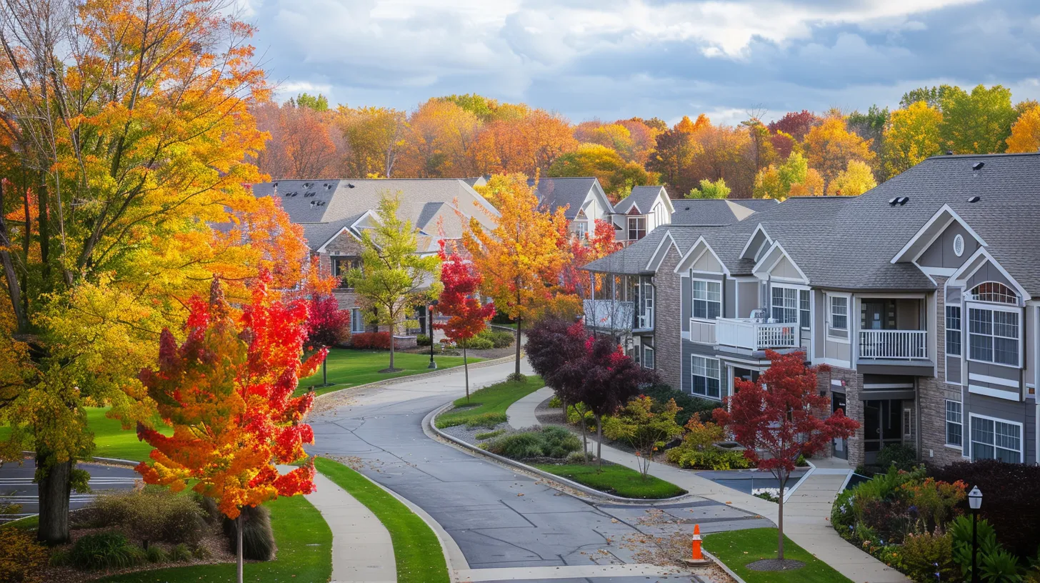 a serene autumn landscape showcasing a vibrant retirement community near ypsilanti, with colorful foliage framing cozy homes and pathways, inviting seniors to enjoy a peaceful and engaging lifestyle.