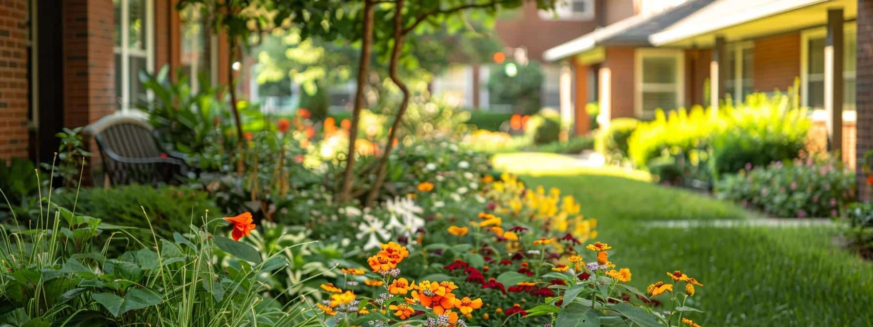 a serene dementia care facility garden, filled with bright flowers and lush greenery, where elderly residents engage in therapeutic activities, surrounded by gentle sunlight filtering through the trees, symbolizing hope and well-being.