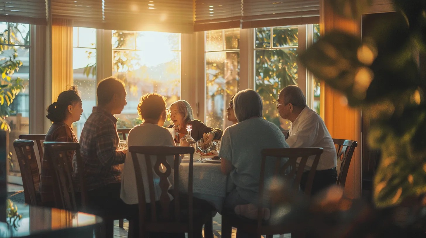 a serene family gathering in an assisted living facility, showcasing warm interactions around a beautifully set dining table, with natural light streaming through large windows, highlighting thoughtful conversations about costs and care services.