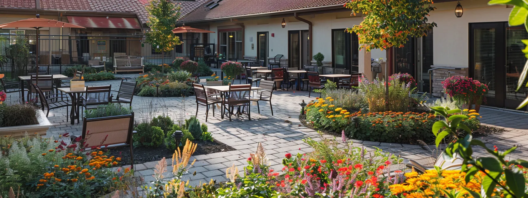 a serene garden courtyard of an assisted living facility, adorned with vibrant flowers and comfortable seating, where seniors engage in community activities under soft, golden daylight, highlighting the nurturing environment tailored to their needs.