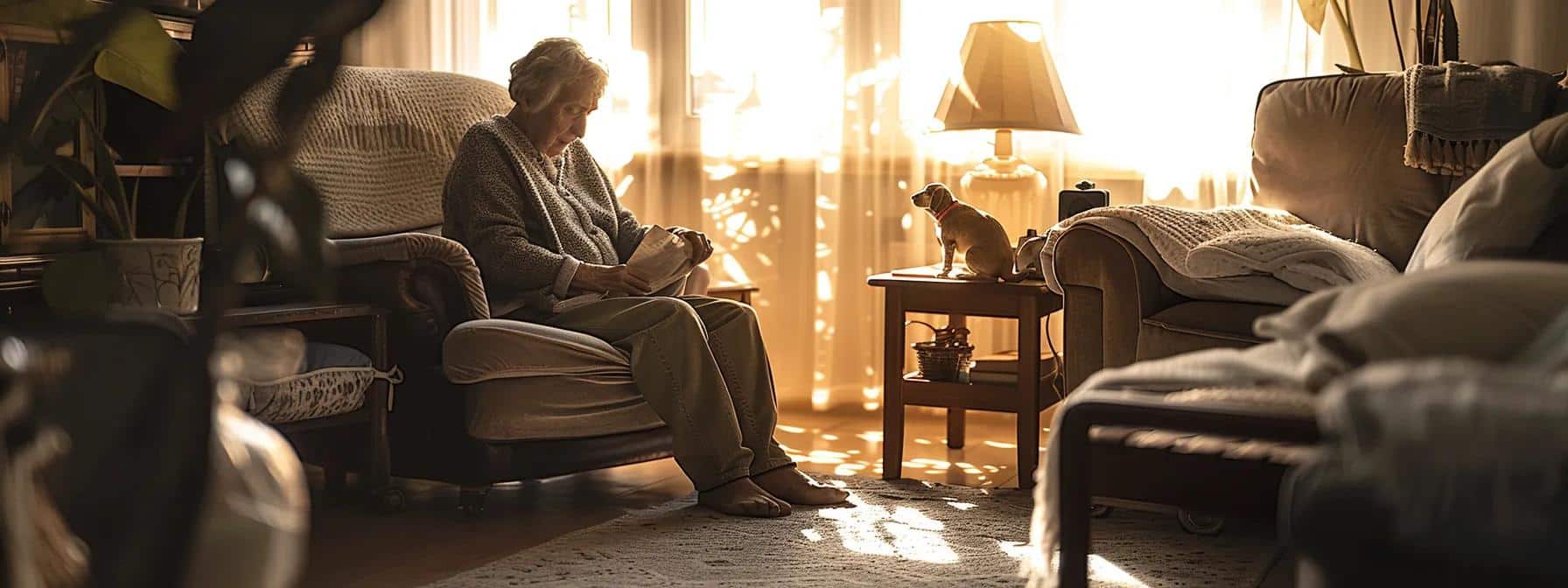 a serene living room bathed in warm, soft light, showcasing an elderly person peacefully engaged with a compassionate caregiver, symbolizing the comforting embrace of in-home dementia care.