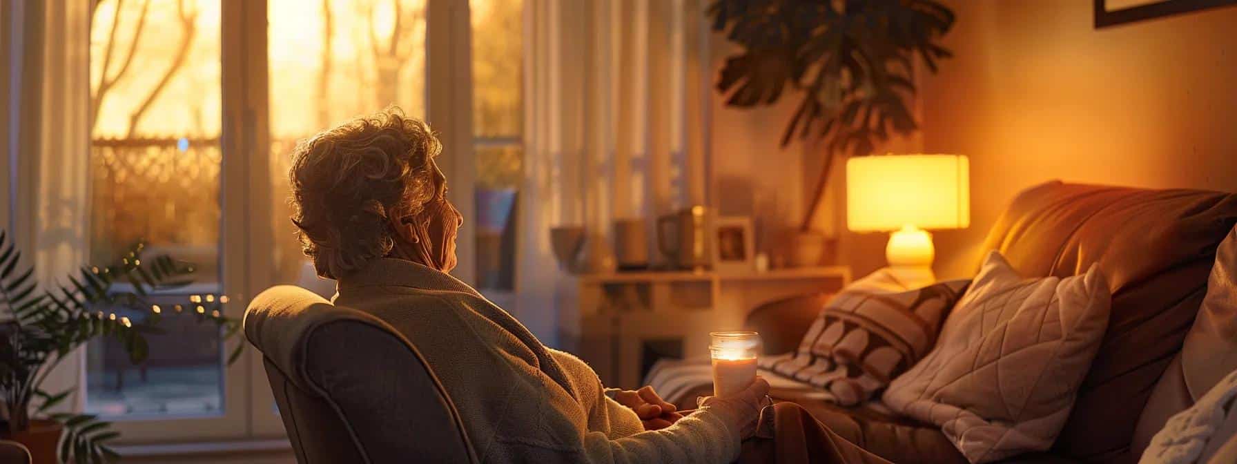 a serene living room scene captures an elderly person engaging peacefully with a compassionate caregiver, surrounded by soft, warm lighting that emphasizes their connection, reflecting the essence of personalized in-home dementia care.