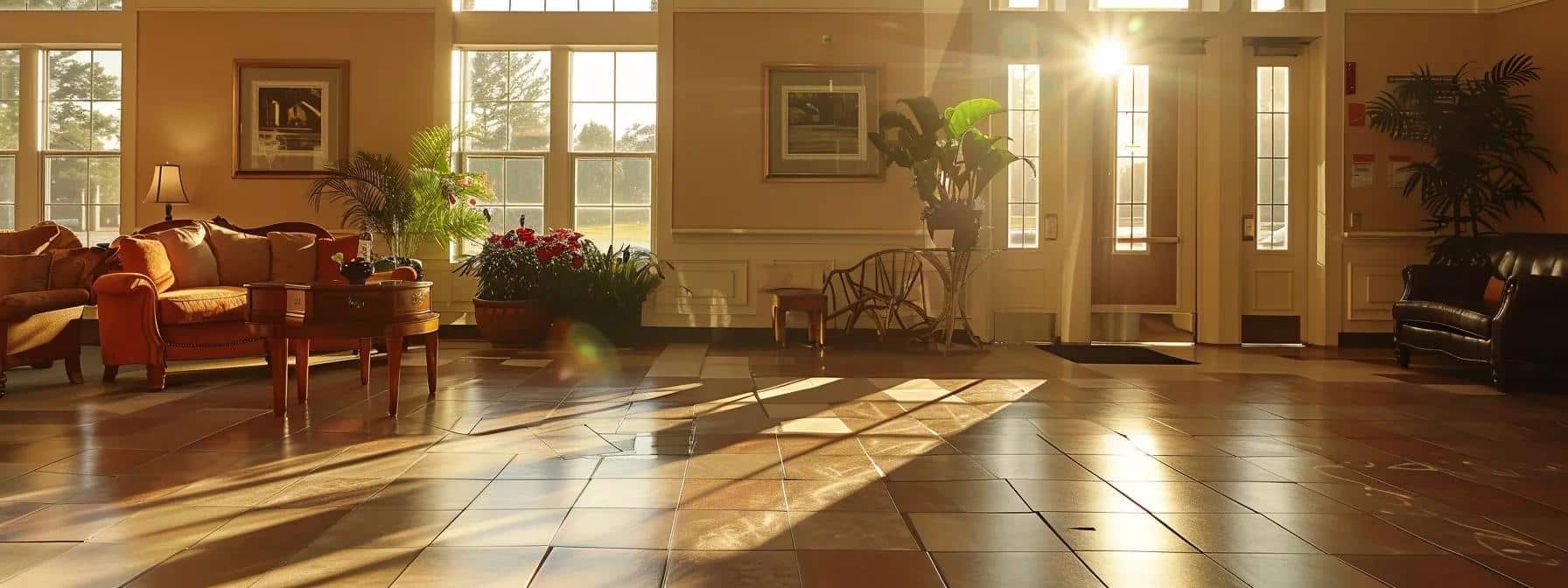 a serene nursing home environment bathed in warm afternoon light, featuring older adults engaged in meaningful activities, symbolizing the vital respite services that support dementia caregivers.