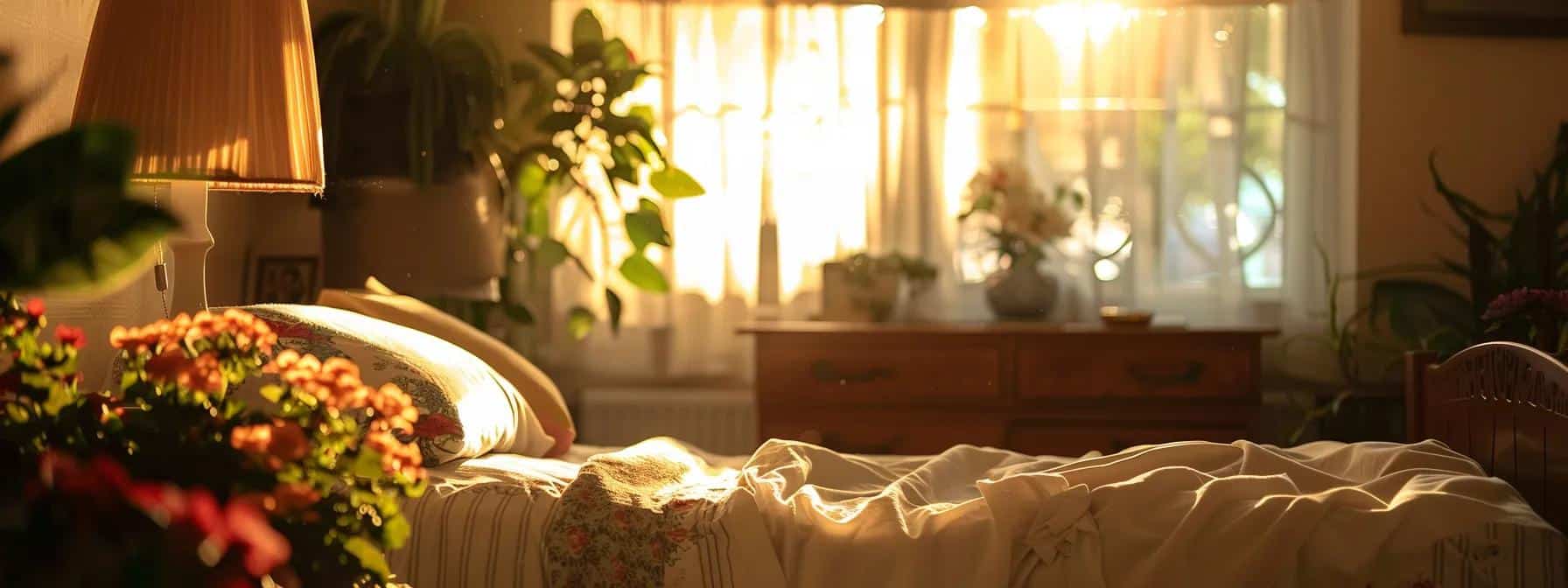 a serene nursing home room bathed in gentle, warm sunlight, featuring an elderly person resting peacefully in a cozy bed while surrounded by comforting flowers, symbolizing compassionate end-of-life care for advanced dementia.