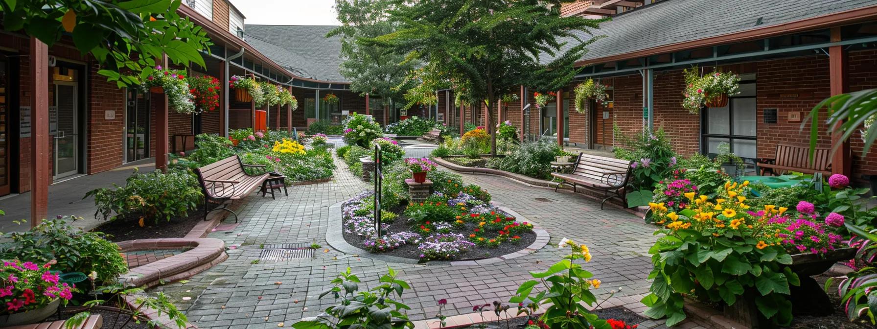 a serene outdoor courtyard of a dementia care facility, bustling with vibrant flowers and greenery, where elderly residents engage in meaningful activities, reflecting a compassionate and supportive environment for those with memory challenges.