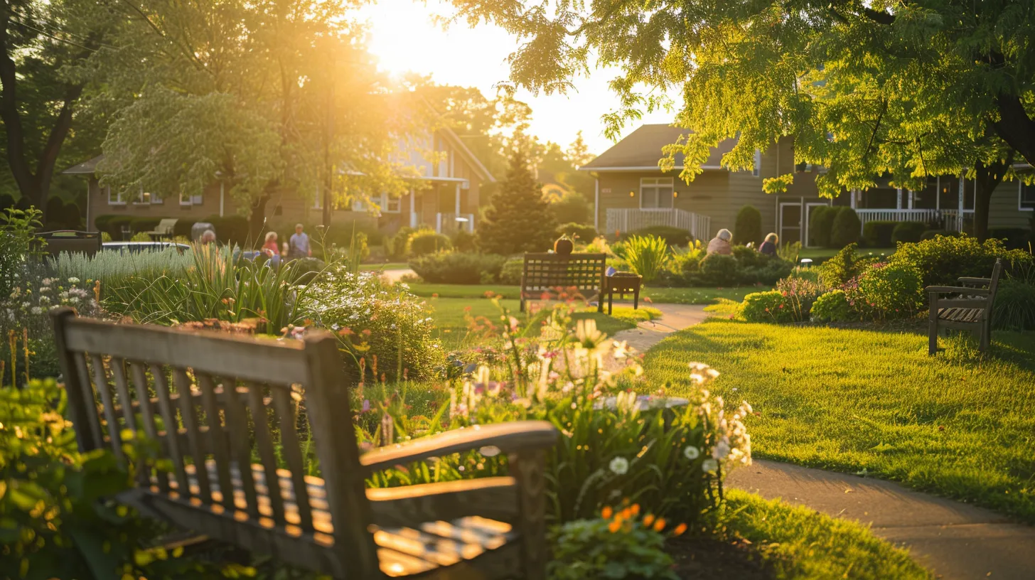 a serene outdoor space at a ypsilanti senior living community, featuring vibrant green gardens, cozy seating areas, and residents engaging in social activities, all bathed in warm, golden sunlight.