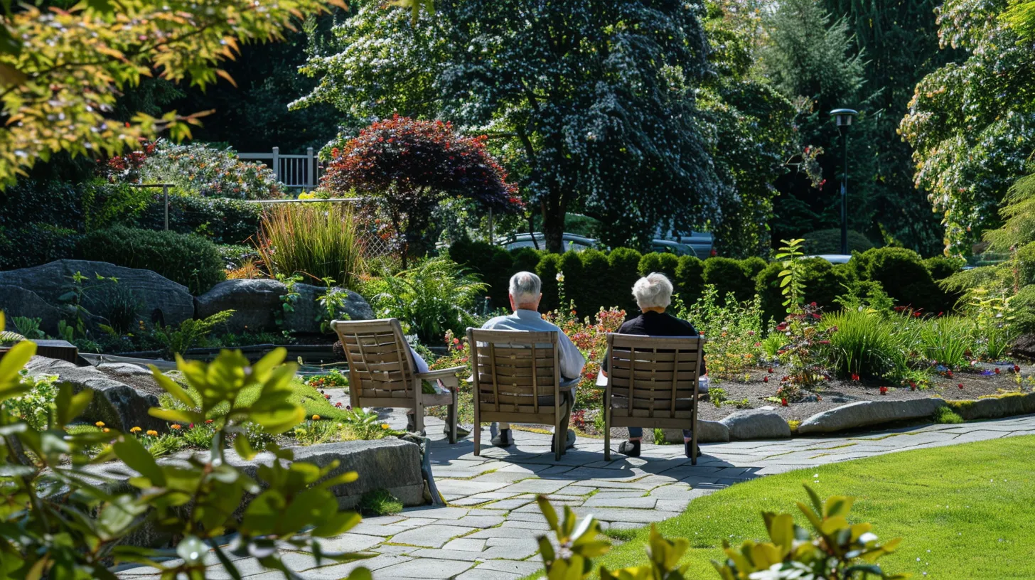 a serene scene of a peaceful elderly couple enjoying a sunny afternoon in a lush garden, symbolizing comfort and thoughtful consideration in choosing assisted living options.