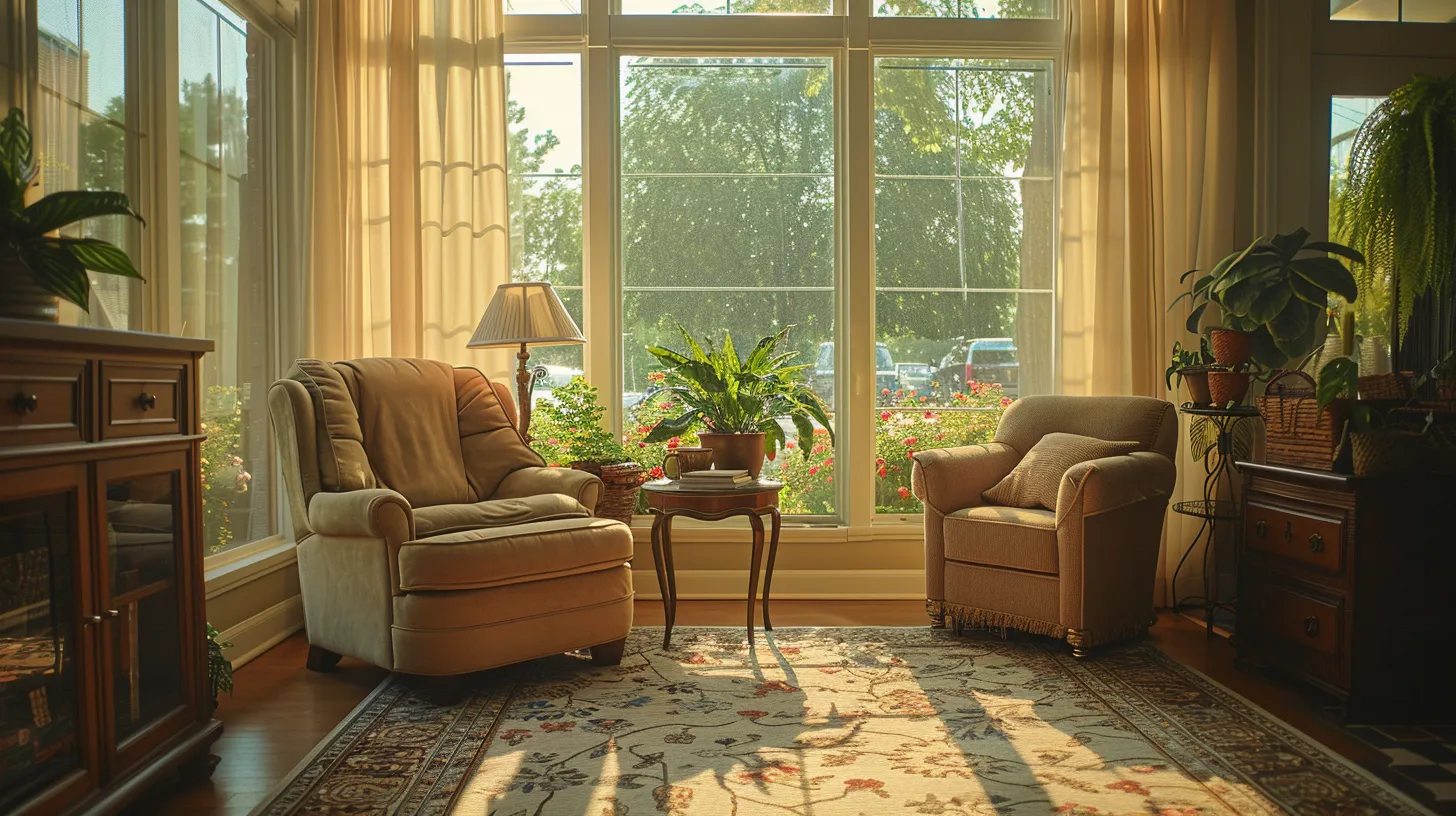 a serene senior living space in ypsilanti, featuring warm, inviting colors, comfortable furnishings, and large windows that let in soft natural light, creating an atmosphere of tranquility and companionship.