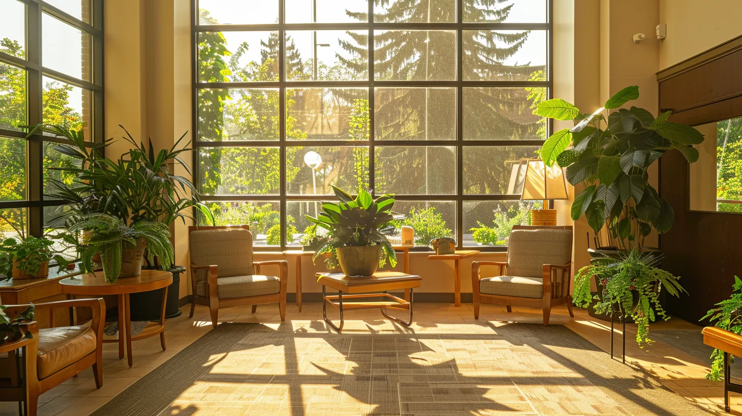 a serene, sunlit common area in ypsilanti senior living, featuring plush seating, lush plants, and large windows that invite the warmth of golden hour light, creating an atmosphere of comfort and community.