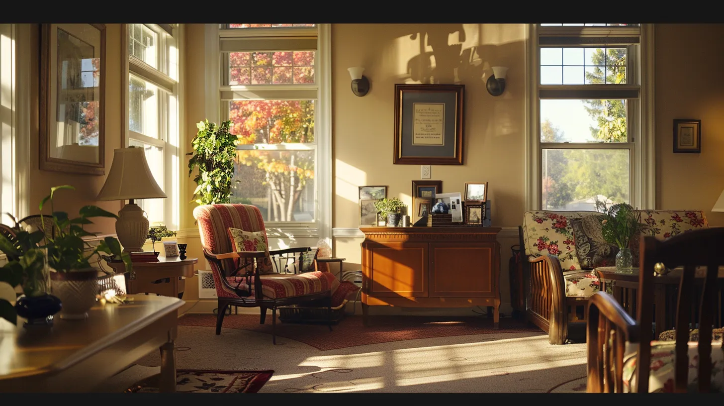 a serene, sunlit living room in an assisted living facility, showcasing financial brochures and cheerful families engaged in discussions, symbolizing informed choices and support for residents in ypsilanti.