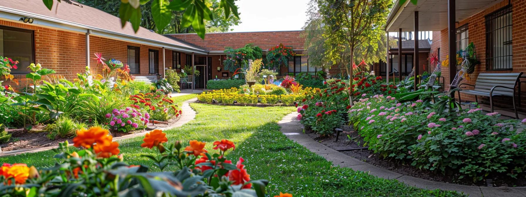 a serene, sunlit nursing home courtyard filled with vibrant flowers, where elderly residents engage happily in gentle activities, symbolizing the warmth and community of residential dementia care.