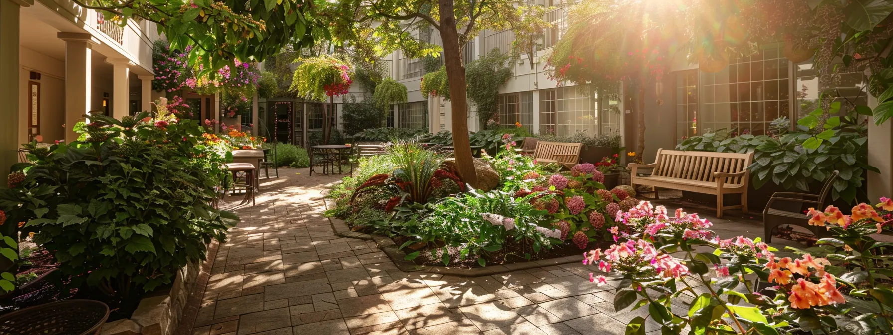 a serene, well-lit assisted living facility courtyard, adorned with vibrant flowers and comfortable seating, captures the essence of an inviting and caring environment for elderly residents, embodying the importance of quality care and community.