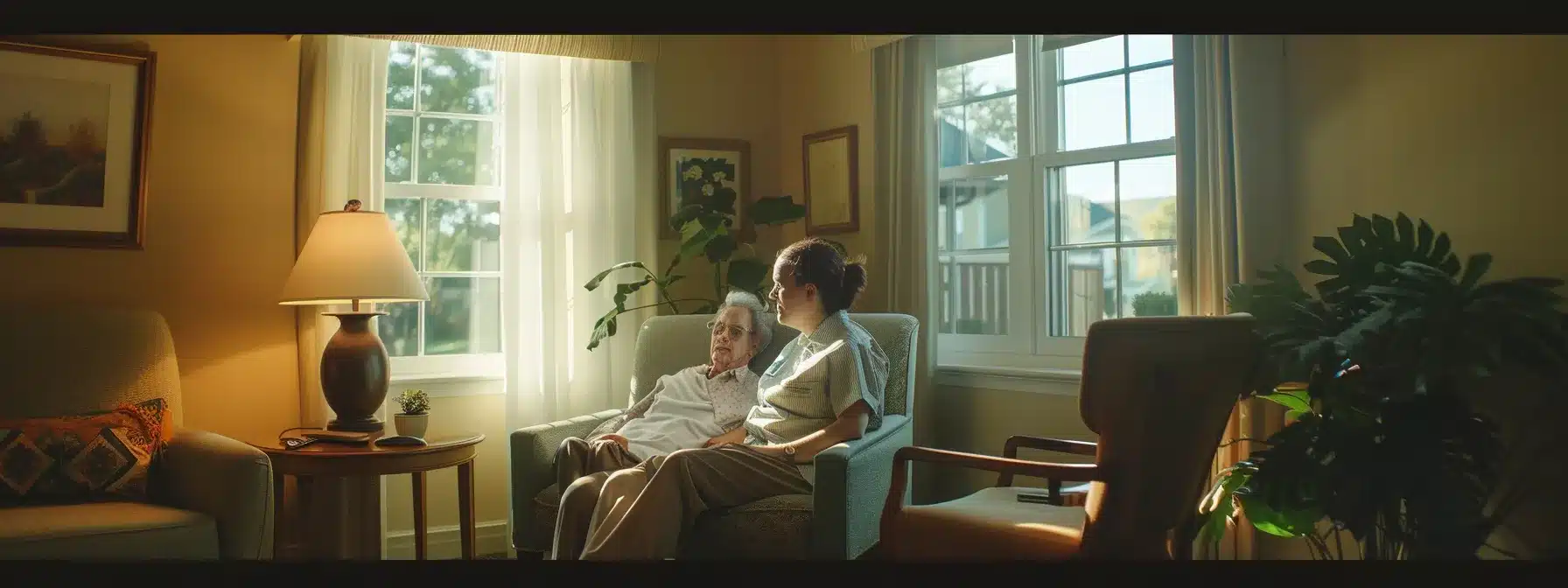 a serene, well-appointed respite care room furnished with soothing colors and comfortable seating, showcasing dedicated staff engaging compassionately with an elderly alzheimer's patient in a warmly lit environment.