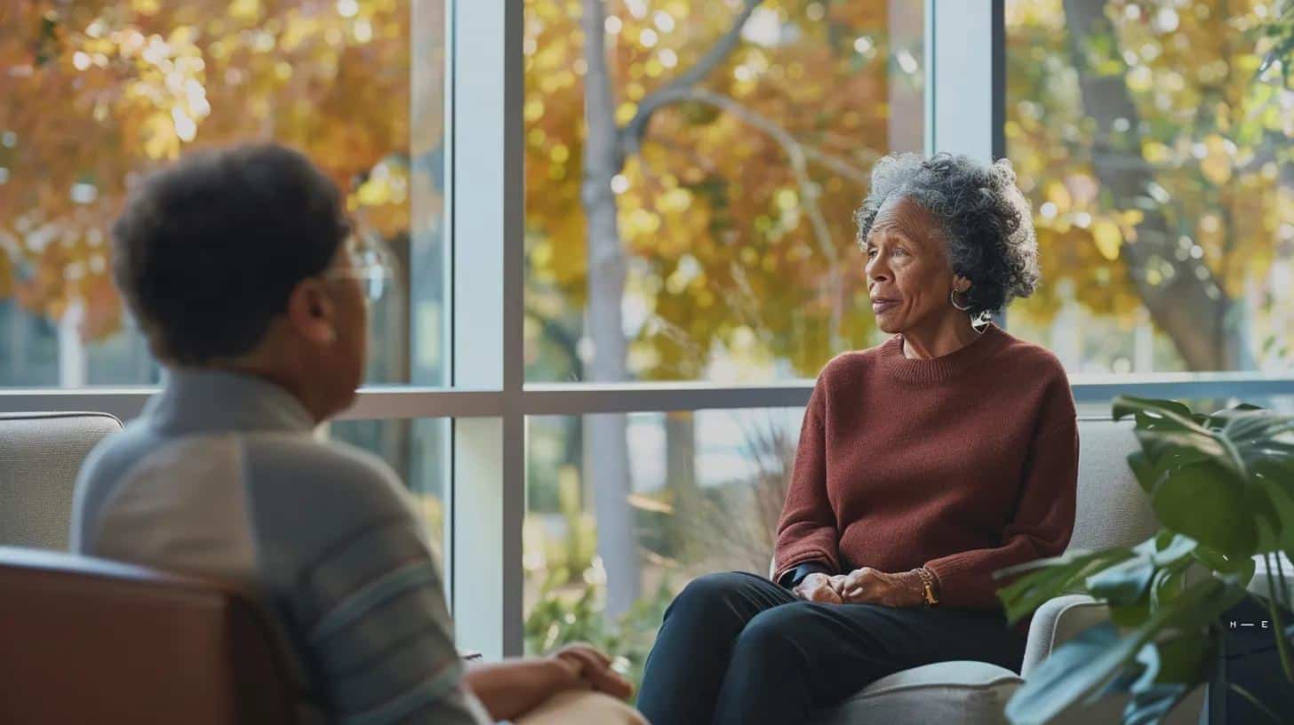 a thoughtful caregiver sits across from a concerned senior in a warmly lit, modern office, engaging in a serious conversation about early symptoms of alzheimer's.