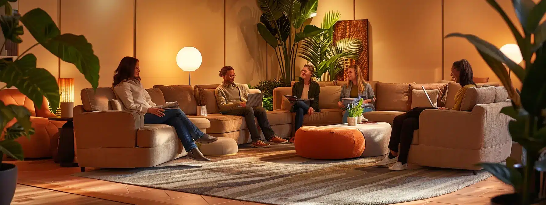 a thoughtfully arranged assisted living facility lounge, featuring cozy seating areas and engaged residents discussing their experiences, illuminated by warm lighting that highlights the welcoming atmosphere and community spirit.