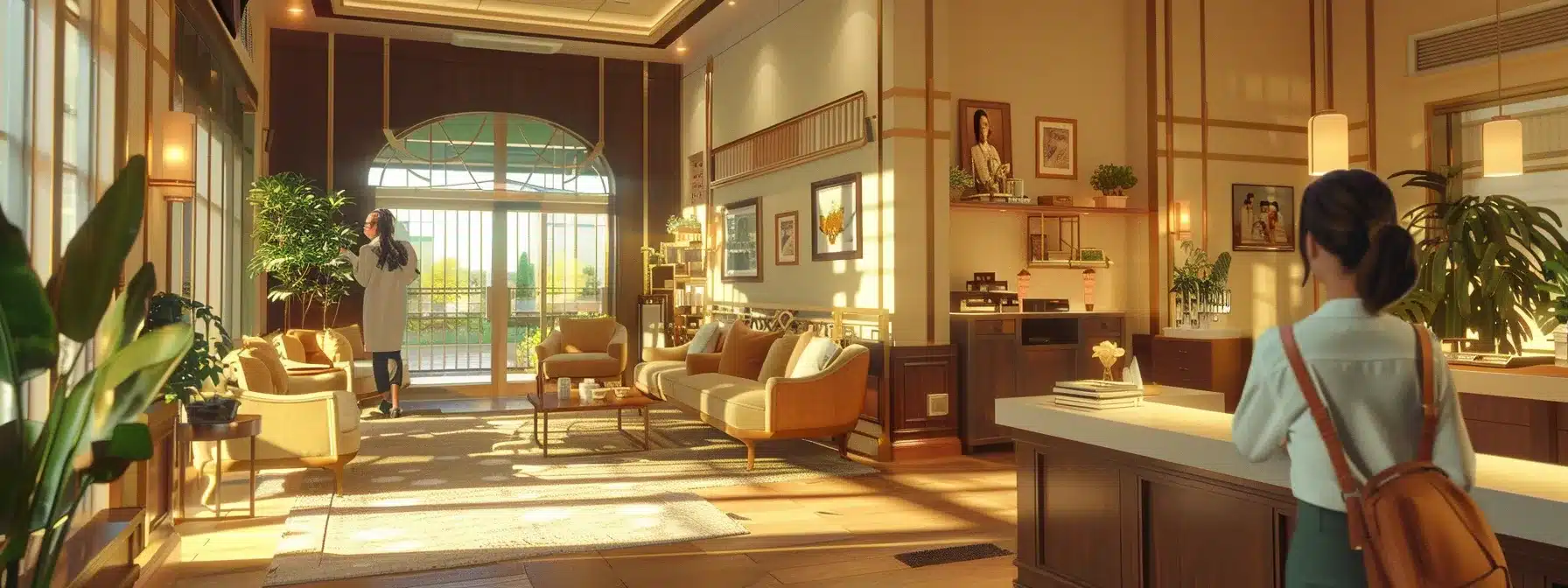 a thoughtfully designed assisted living facility lobby in staten island, featuring welcoming interiors, cheerful residents engaged in conversation with attentive staff, and subtle cues of memory care activities, reflecting a community that prioritizes comfort and connection.