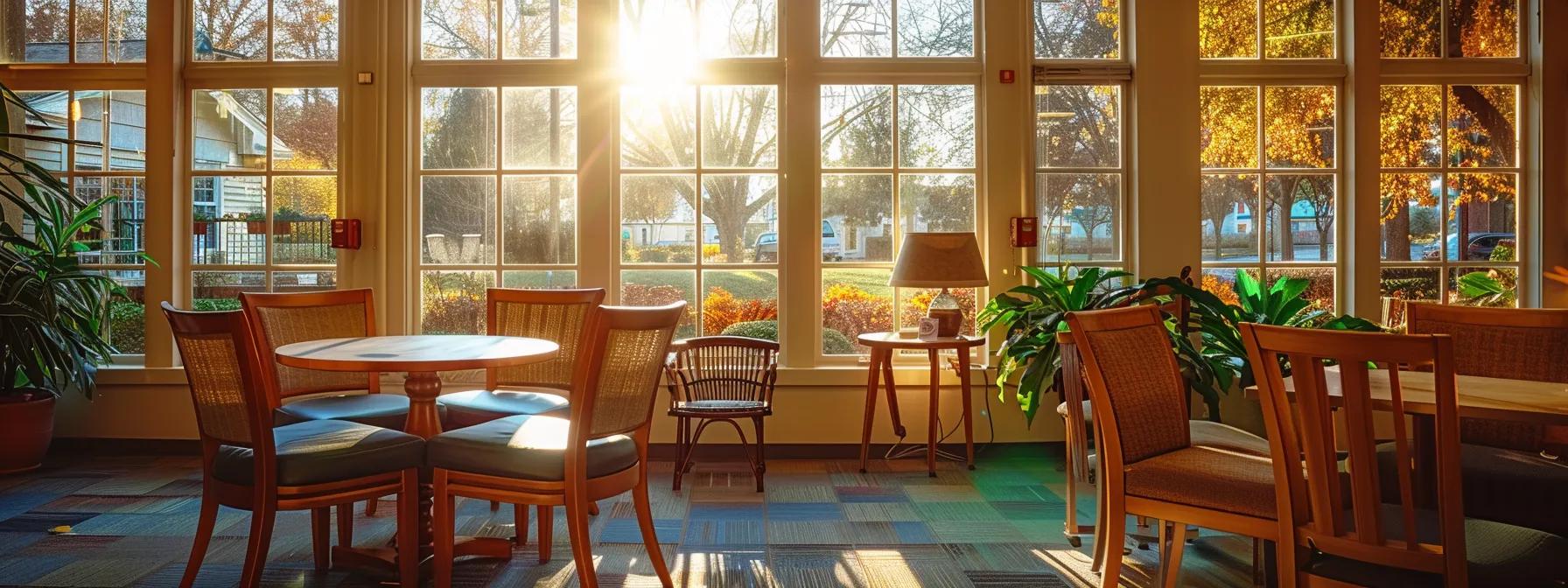 a tranquil nursing home setting, bathed in soft, golden sunlight filtering through large windows, where elderly residents participate in engaging activities, symbolizing the essence of compassionate care and the importance of financial support in decision-making for families.