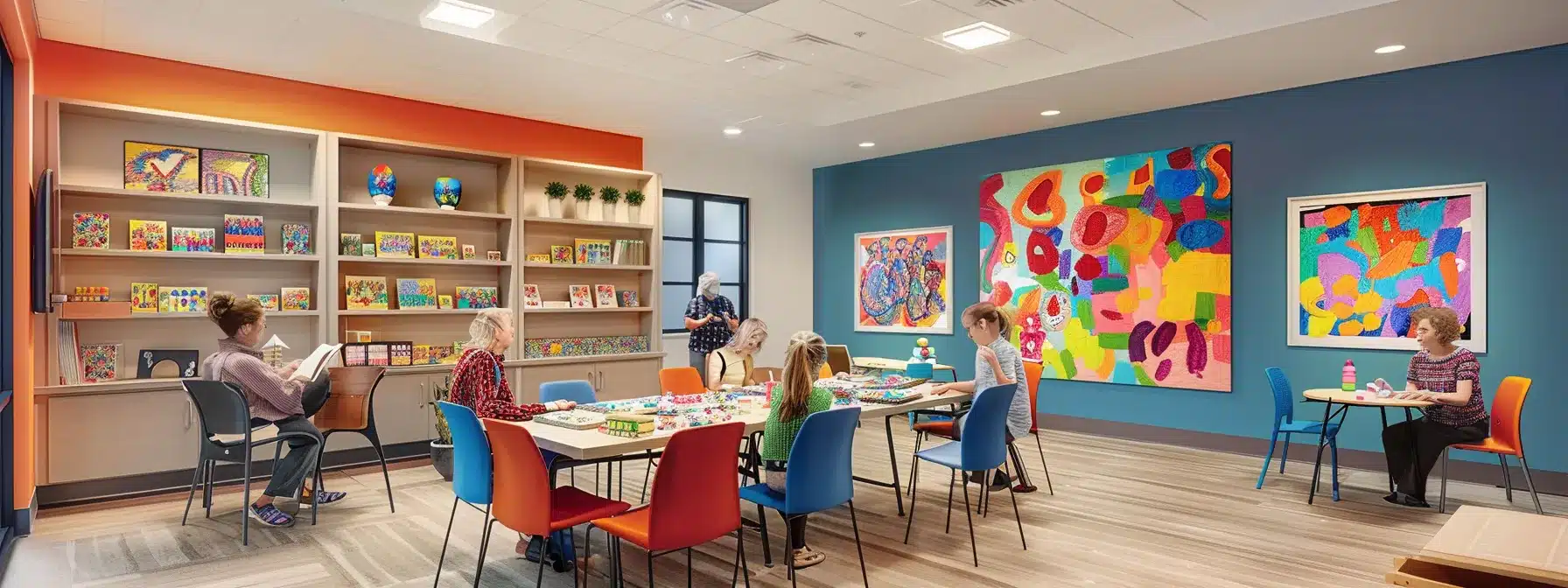a vibrant and inviting activity room in an alzheimer care facility, showcasing residents joyfully engaging in a colorful art session around a large shared table, with warm lighting emphasizing their expressive creations and fostering a sense of community. a vibrant and inviting activity room in an alzheimer care facility, showcasing residents joyfully engaging in a colorful art session around a large shared table, with warm lighting emphasizing their expressive creations and fostering a sense of community.