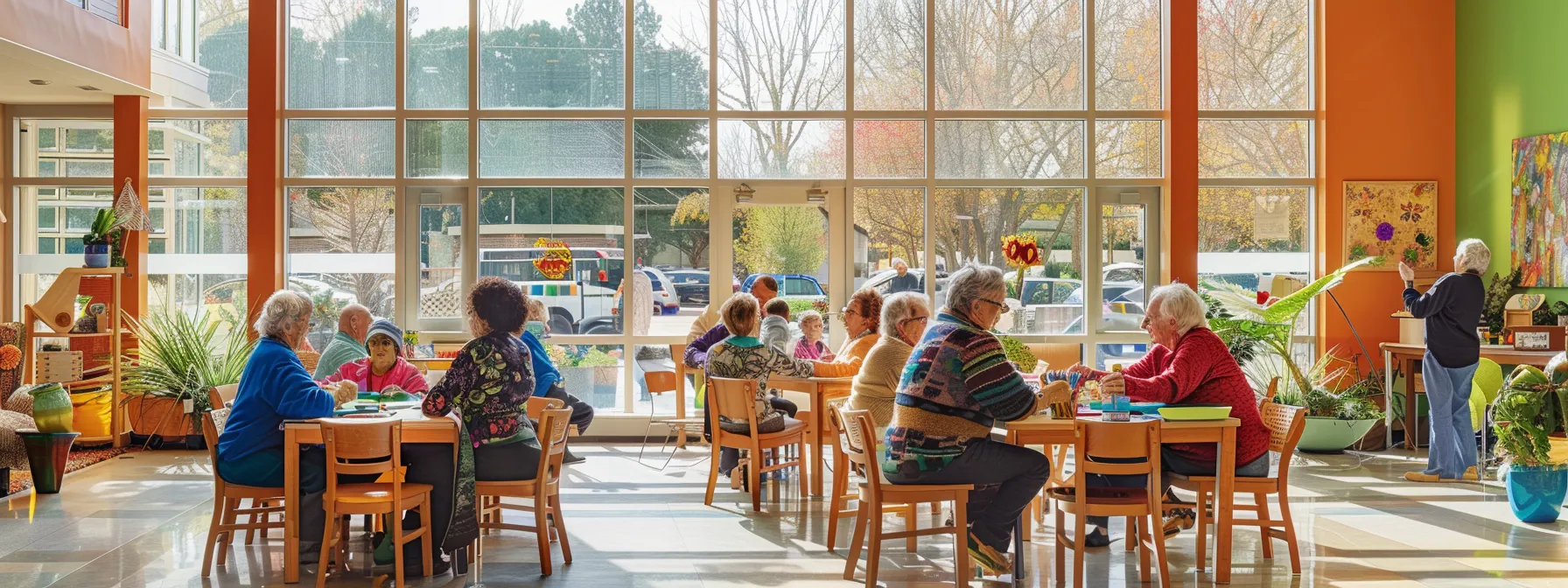 a vibrant and inviting scene showcasing a diverse group of joyful seniors engaged in arts and crafts, surrounded by colorful materials and natural light pouring in through large windows, creating a warm atmosphere of creativity and community in an assisted living environment.