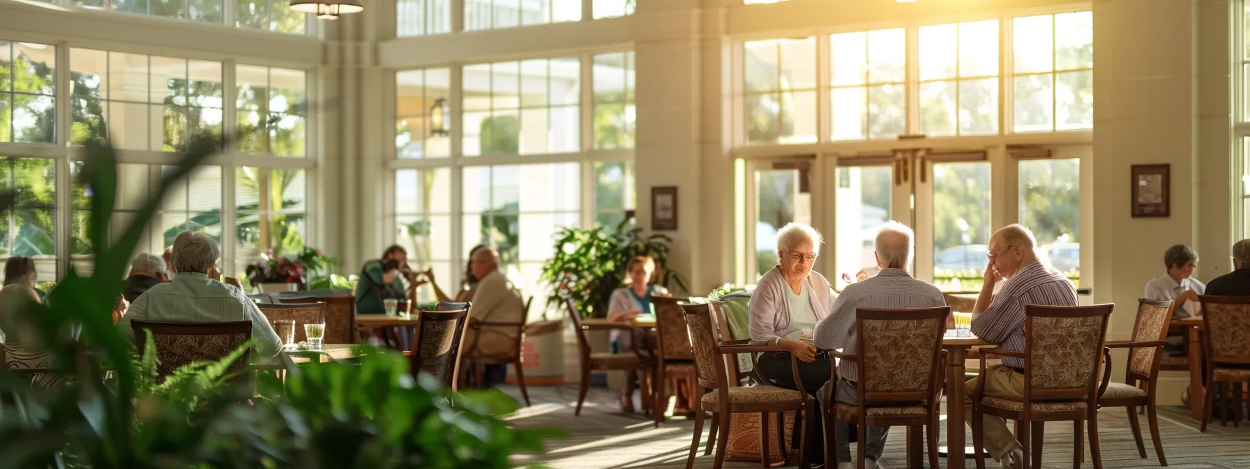 a vibrant and inviting traditional assisted living community, featuring sunlit common areas filled with engaged older residents enjoying group activities, all set against a backdrop of lush gardens and warm, welcoming architecture.