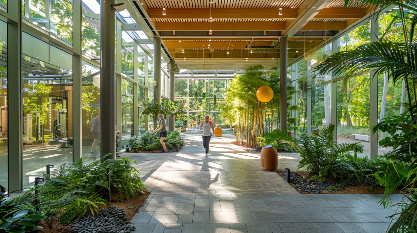 a vibrant and inviting wellness center showcases seniors participating in diverse fitness activities, surrounded by lush greenery and natural light, embodying a nurturing environment that promotes holistic health and happiness.