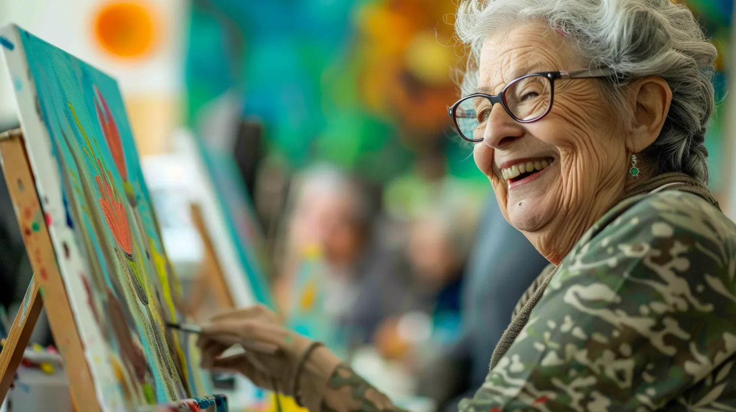 a vibrant art workshop in ypsilanti showcases seniors engaging in colorful painting and lively music, radiating joy and community connection under warm, inviting lighting.