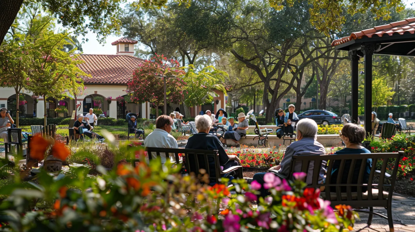 a vibrant gathering of diverse seniors enjoying a sunny afternoon in a beautifully landscaped retirement community, surrounded by lush gardens and engaging in various activities that highlight their joyful experiences and sense of belonging.