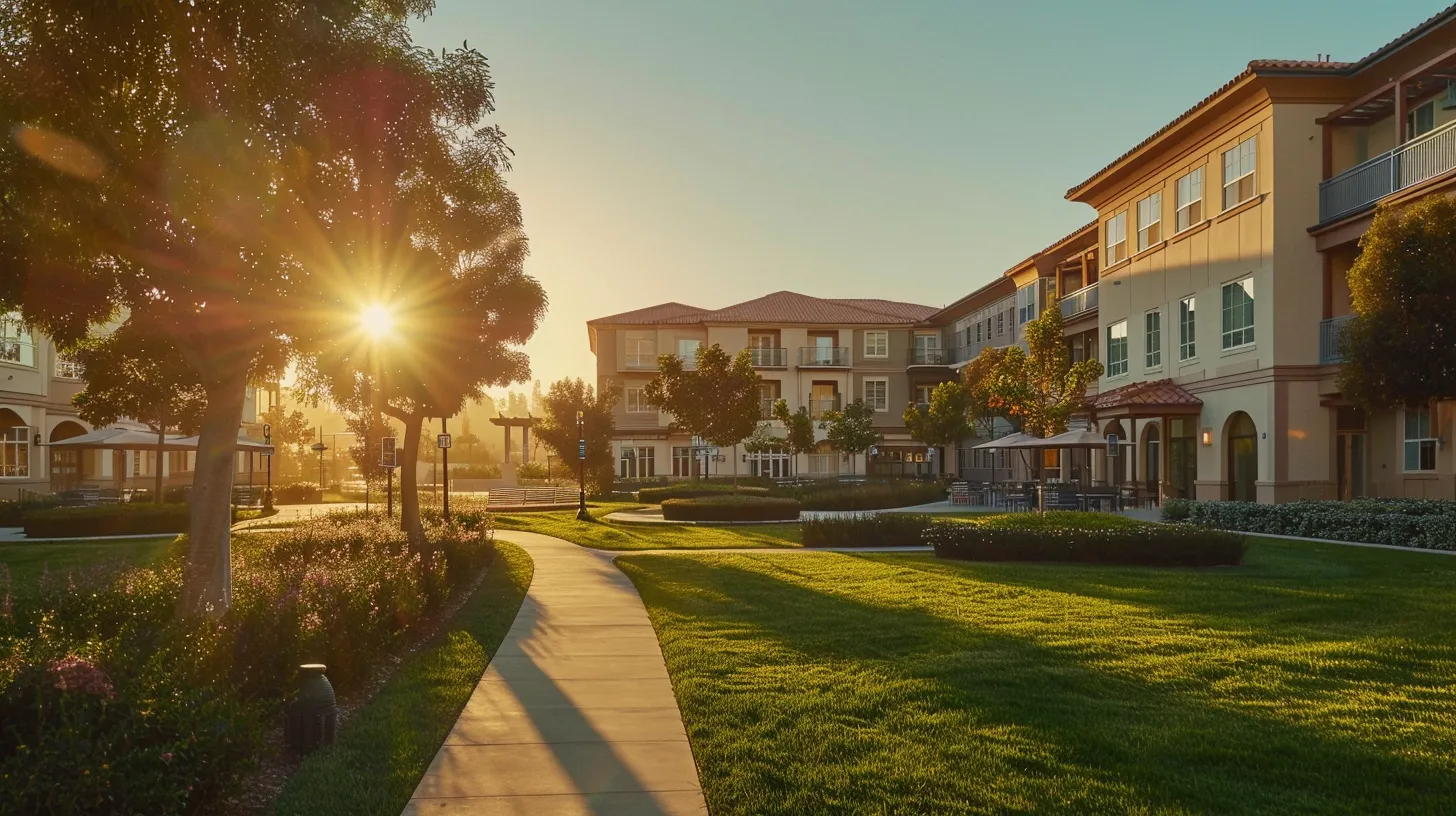 a vibrant retirement community featuring accessible pathways, engaged residents in lively social activities, and inviting outdoor spaces, bathed in warm sunlight, conveying a sense of safety and camaraderie.