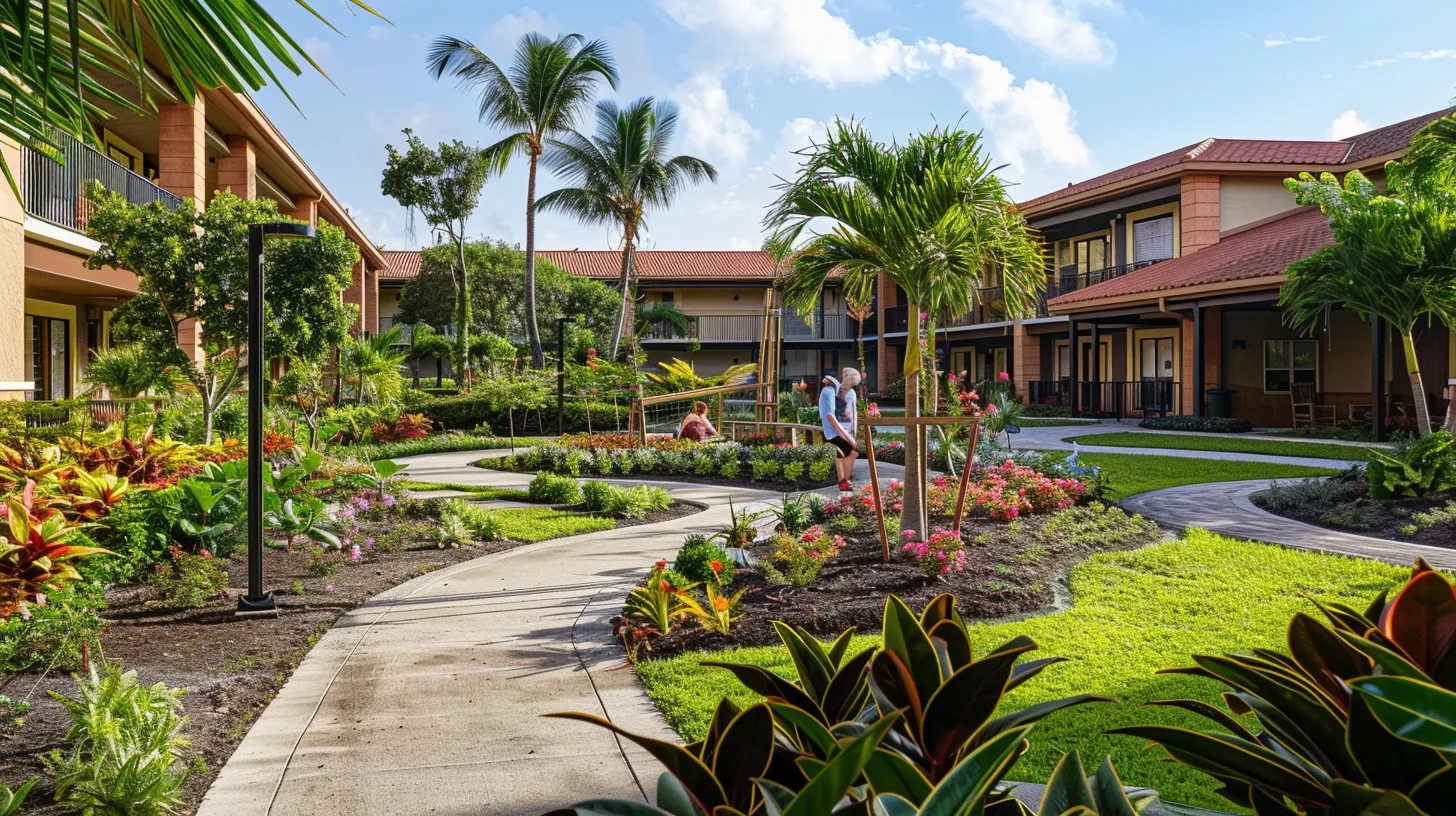 a vibrant retirement community scene unfolds with seniors engaging in lively activities amidst beautifully landscaped gardens, showcasing a harmonious blend of independence and community spirit.