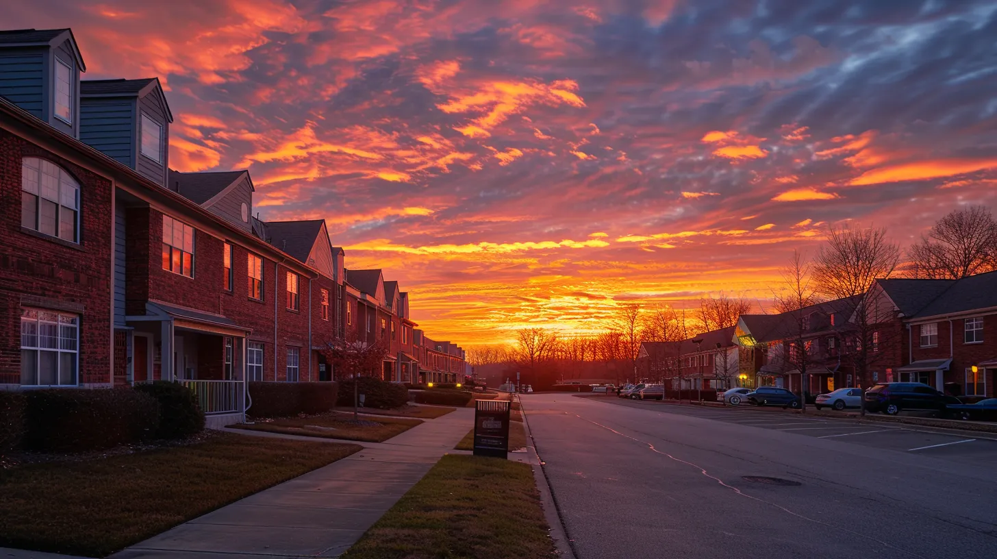 a vibrant sunset casts a warm glow over ypsilanti's cozy assisted living community, highlighting the serene environment that contrasts with the bustling nearby city of ann arbor.