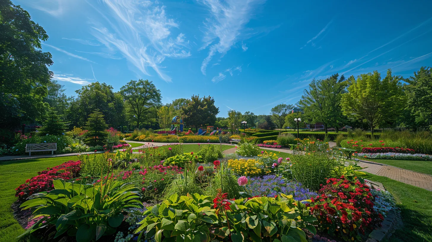 a vibrant, welcoming retirement community in ypsilanti, featuring lush gardens, cheerful seniors engaging in social activities, and a backdrop of bright blue skies.