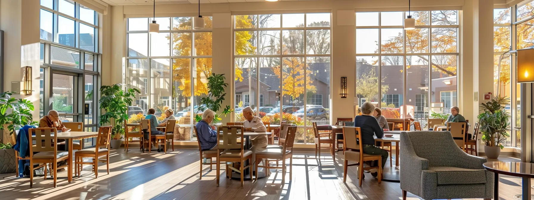 a warm and inviting common area in an assisted living facility, where joyful older residents engage in shared activities, surrounded by soft natural light filtering through large windows, highlighting their smiles and the vibrant community atmosphere.