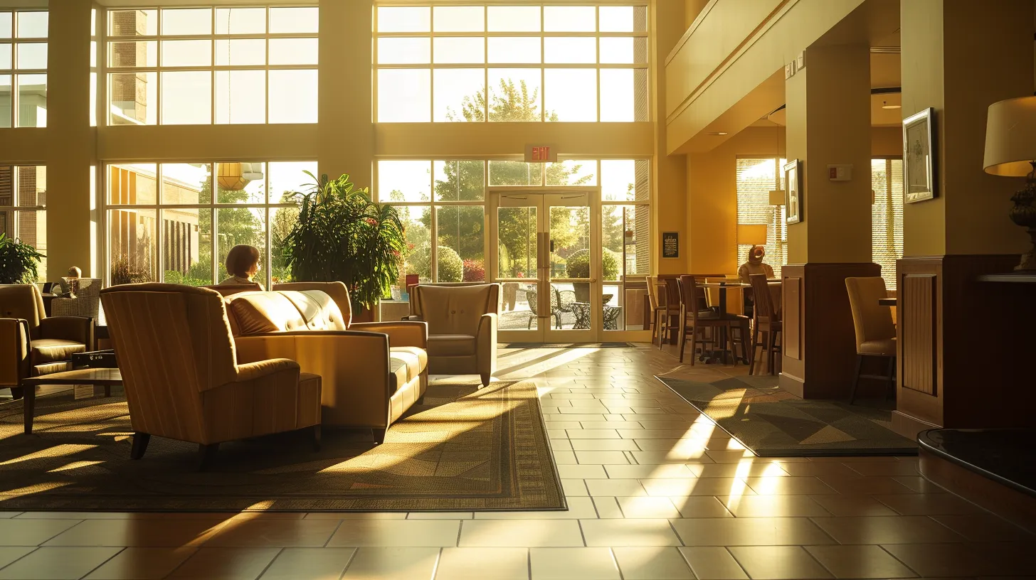 a warm and inviting common area in a senior living facility, filled with engaged residents sharing stories and laughter, bathed in soft natural light that highlights the comforting atmosphere of community and support.