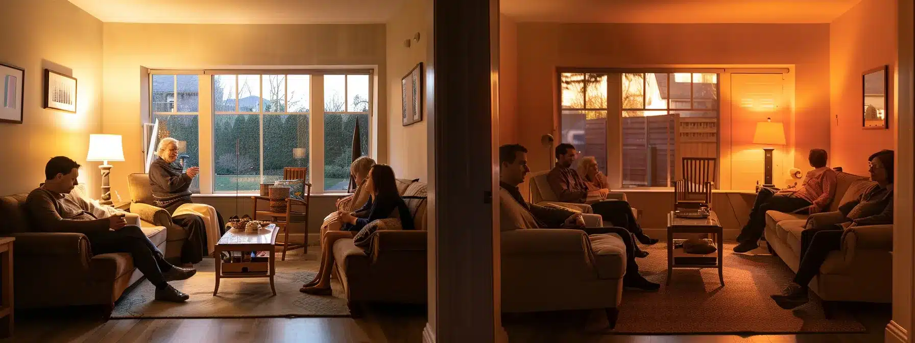 a warm and inviting common room in a dementia care facility, featuring comfortable seating arrangements and soft lighting, where staff members engage compassionately with residents as they navigate their new environment together. a warm and inviting common room in a dementia care facility, featuring comfortable seating arrangements and soft lighting, where staff members engage compassionately with residents as they navigate their new environment together.