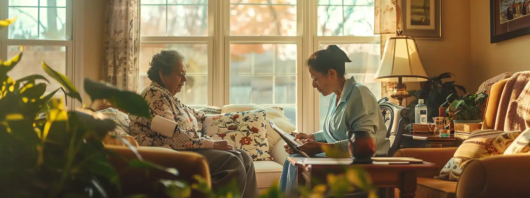 a warm and inviting home interior showcases a caregiver attentively engaging with an elderly client, surrounded by comforting furnishings and supportive memory aids, emphasizing the compassionate essence of in-home dementia care services. a warm and inviting home interior showcases a caregiver attentively engaging with an elderly client, surrounded by comforting furnishings and supportive memory aids, emphasizing the compassionate essence of in-home dementia care services.