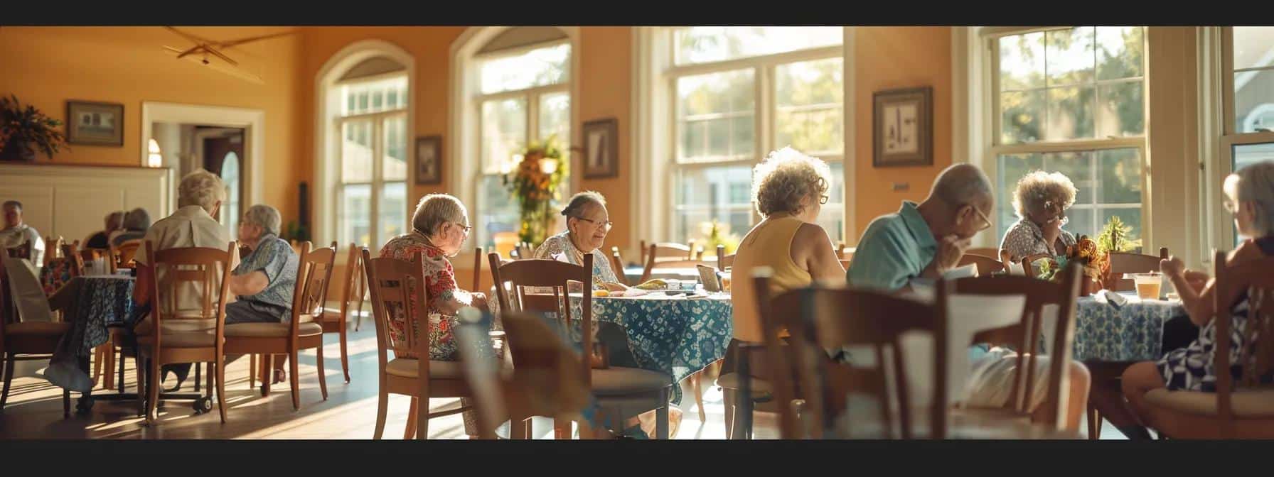 a warm and inviting scene in an adult day program for dementia care, featuring older adults engaging in lively group activities under soft, natural lighting, showcasing joyful expressions and a comforting, supportive atmosphere.