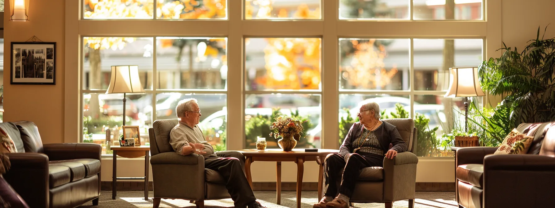 a warm and inviting scene of an older couple sharing a joyful conversation in a well-appointed assisted living facility, with sunlight streaming through large windows, creating a sense of comfort and community.