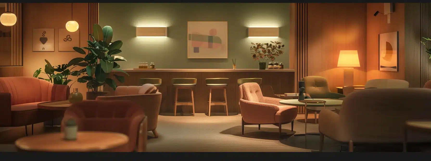 a warm, inviting common area of a dementia care home, featuring soothing colors, comfortable furniture arranged for social interaction, and gentle ambient lighting that promotes a sense of safety and support.