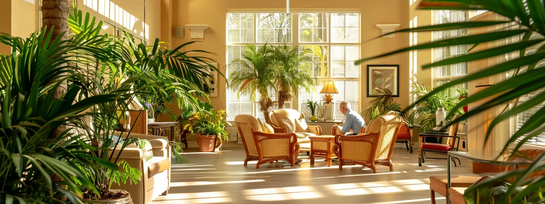 a warm, inviting common area in an assisted living facility, bathed in soft natural light, showcases attentive staff engaging joyfully with vibrant older residents amidst lush indoor plants and comfortable furnishings.