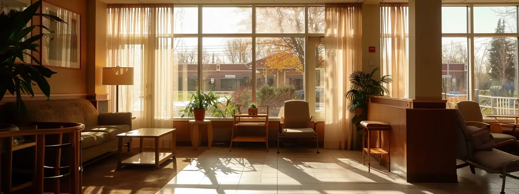 a warm, inviting common area of a senior assisted living facility, featuring comfortable seating and accessible resources, designed thoughtfully to promote a sense of community and support for residents with dementia.