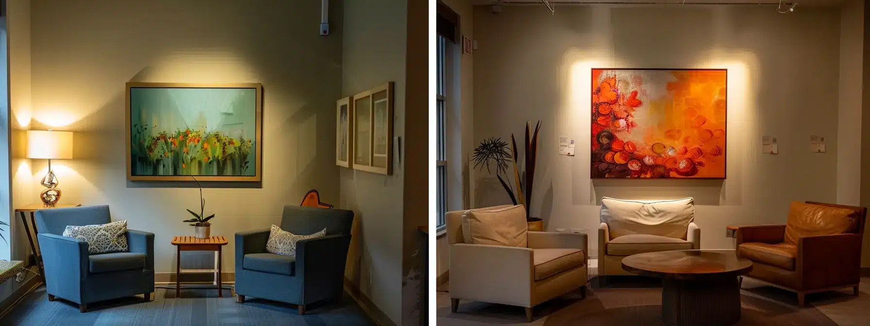 a warm, inviting common area within a dementia care facility features cozy seating arrangements, cheerful artwork on the walls, and soft, ambient lighting that encourages social interaction among residents.