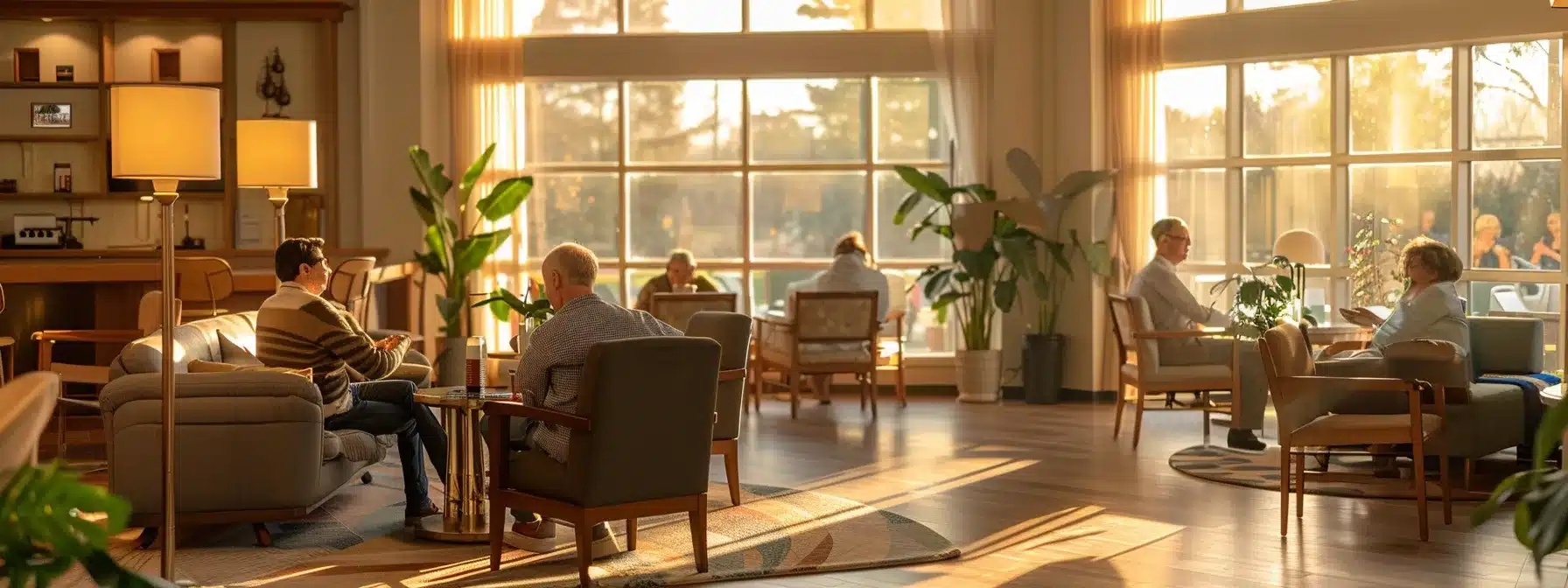 a warm, inviting common room in a modern dementia nursing home, featuring comfortable furniture, soft ambient lighting, and residents engaging in conversation, illustrating the concept of affordable housing options tailored for individual needs.
