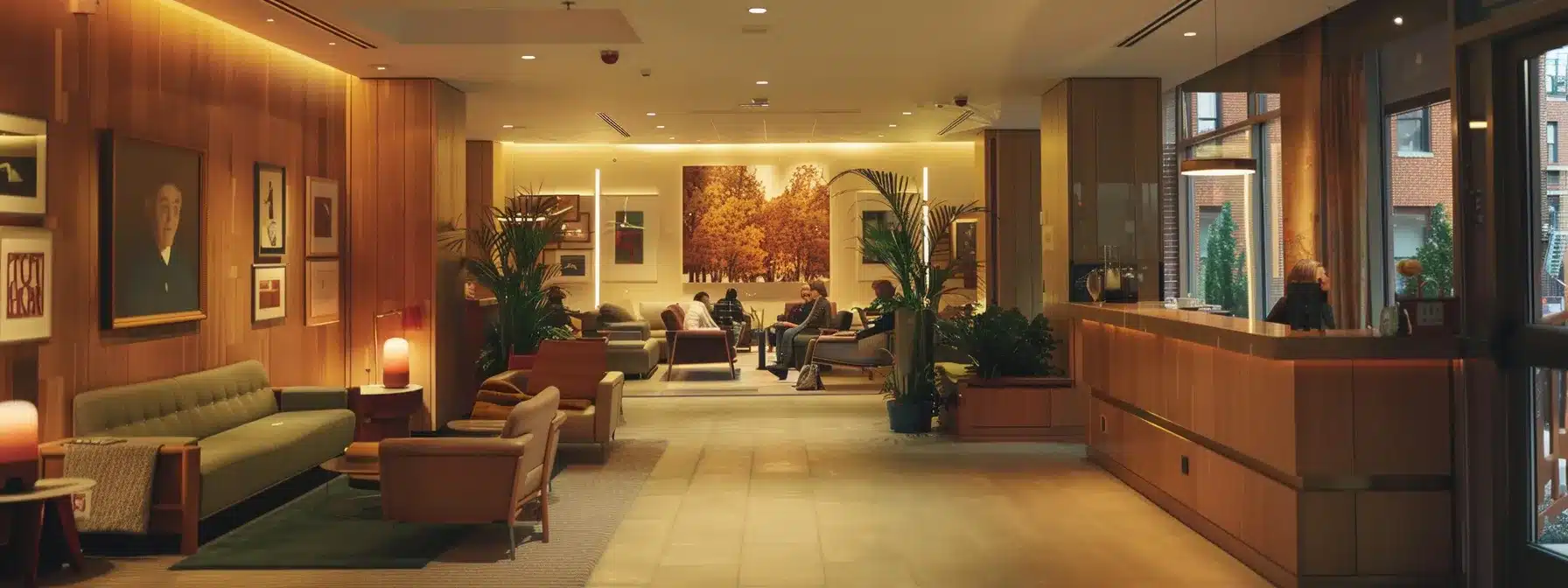 a warm, inviting interior of a dementia-friendly assisted living facility in new york city, featuring softly illuminated communal spaces with comfortable seating, engaging wall art, and residents interacting with attentive caregivers, all designed to promote a sense of security and community. a warm, inviting interior of a dementia-friendly assisted living facility in new york city, featuring softly illuminated communal spaces with comfortable seating, engaging wall art, and residents interacting with attentive caregivers, all designed to promote a sense of security and community.