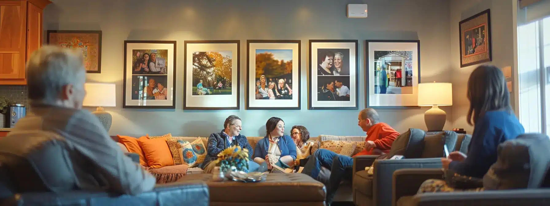 a warm, inviting interior of a dementia care facility showcases a cozy lounge area where families gather, sharing heartfelt stories while framed photographs of residents adorn the walls, reflecting a sense of community and personal connection. a warm, inviting interior of a dementia care facility showcases a cozy lounge area where families gather, sharing heartfelt stories while framed photographs of residents adorn the walls, reflecting a sense of community and personal connection.