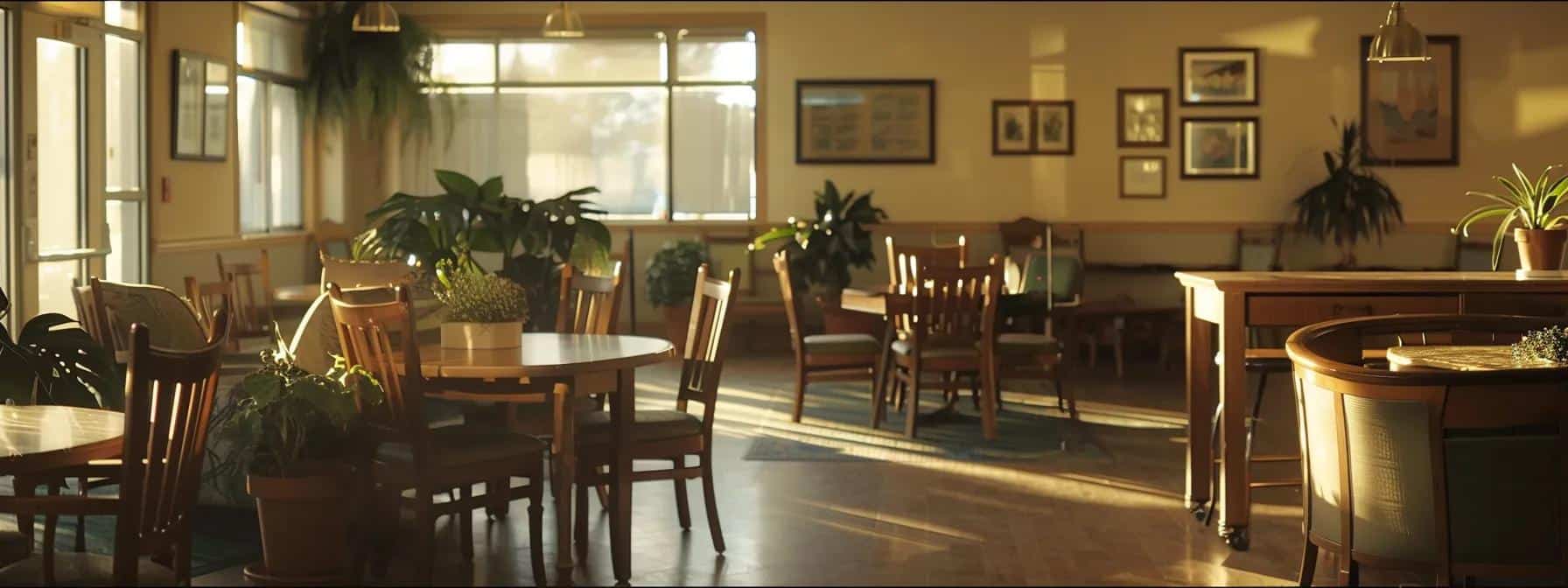 a warm, inviting nursing home setting showcases a serene common area where elderly residents engage in interactive activities, reflecting the compassionate care and tailored support for individuals with dementia.