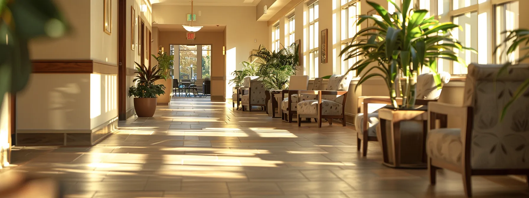 a warm, inviting nursing home lobby filled with sunlight, where families engage in heartfelt conversations while exploring vibrant community spaces designed for the comfort and wellbeing of elderly residents.