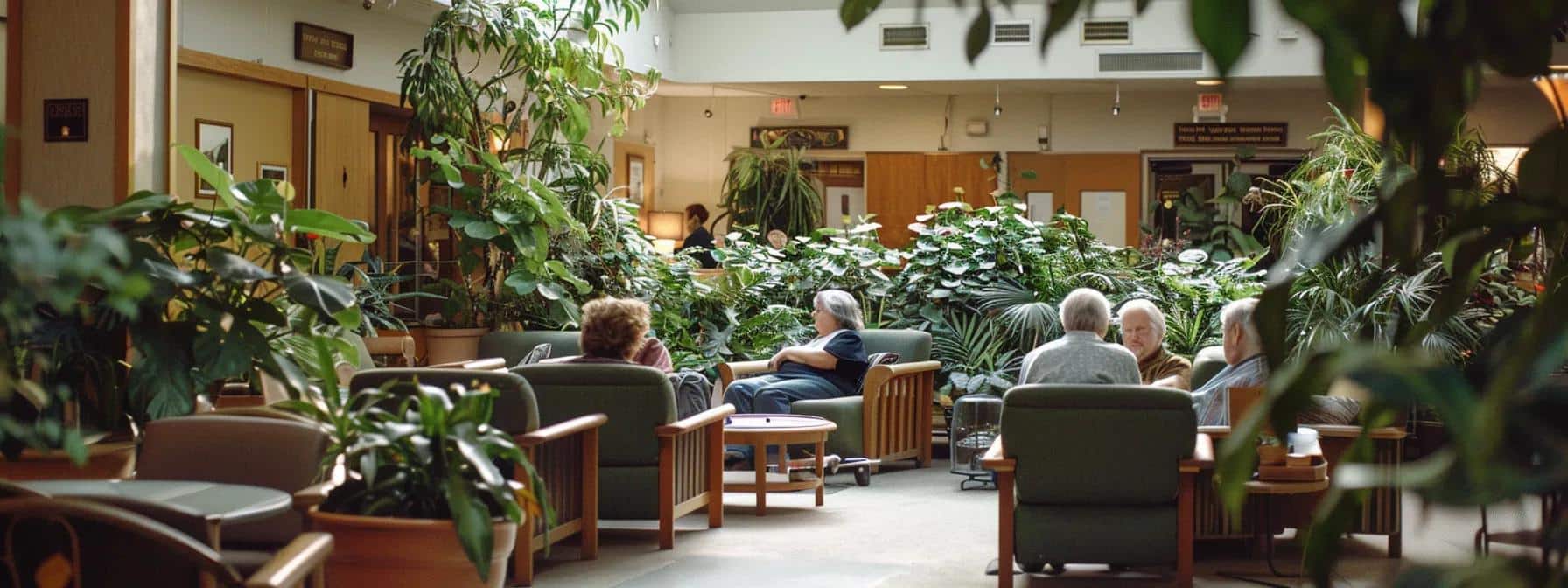 a warm, inviting nursing home common area filled with elderly residents engaged in thoughtful interactions, surrounded by lush greenery and soft, natural light, symbolizing dignity and compassionate care in dementia support.