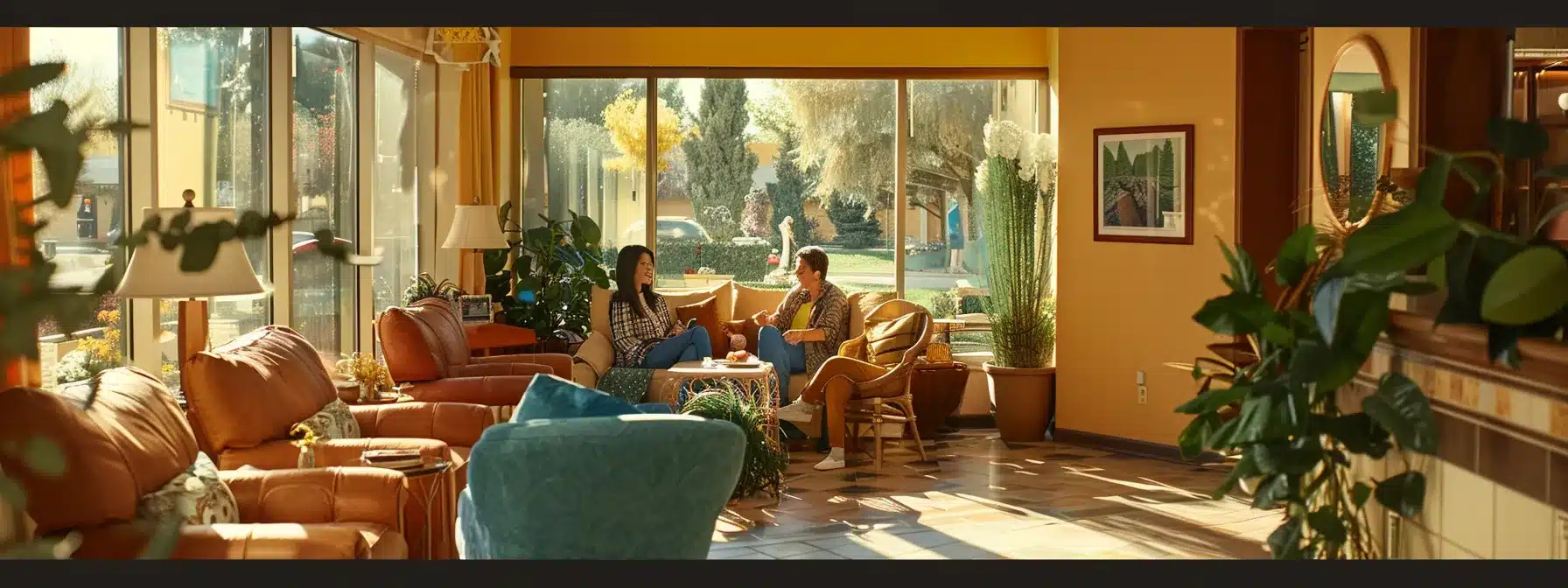 a warm, inviting nursing home lobby showcases brightly colored decor, comfortable seating, and engaged caregivers interacting with smiling residents, reflecting a supportive environment that emphasizes high-quality dementia care. a warm, inviting nursing home lobby showcases brightly colored decor, comfortable seating, and engaged caregivers interacting with smiling residents, reflecting a supportive environment that emphasizes high-quality dementia care.