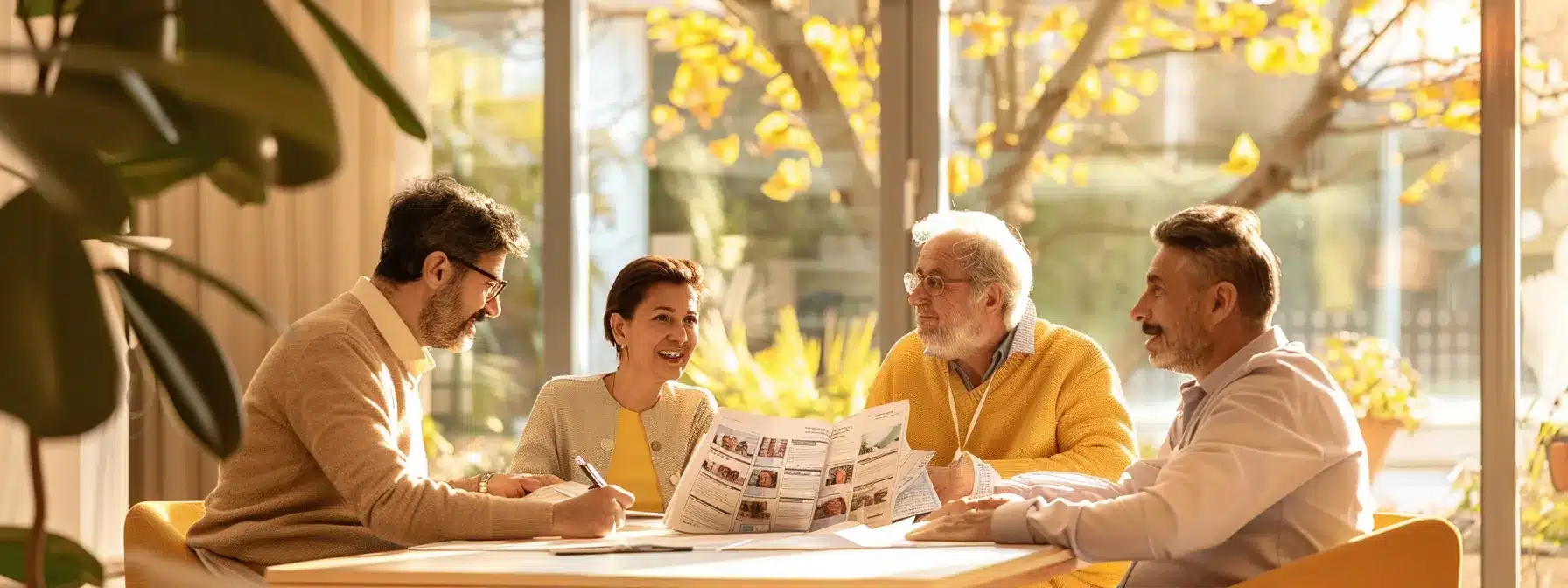a warm, inviting office setting featuring a family gathered around a clean, modern table, examining brochures and discussing options for dementia care services, illuminated by soft, focused lighting to emphasize their thoughtful expressions. a warm, inviting office setting featuring a family gathered around a clean, modern table, examining brochures and discussing options for dementia care services, illuminated by soft, focused lighting to emphasize their thoughtful expressions.